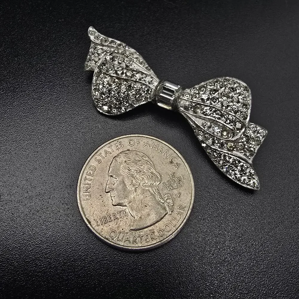 Silver Tone Rhinestone Bow Brooch Vintage Art Deco Jewelry